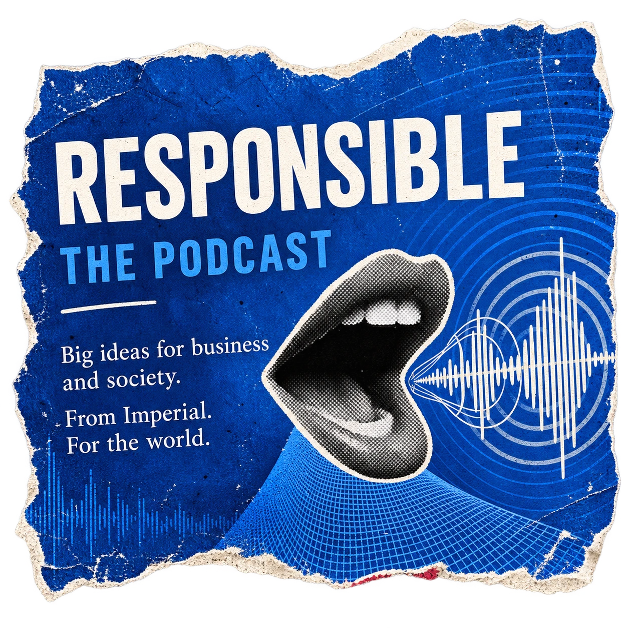 Responsible: The Podcast artwork on torn paper.