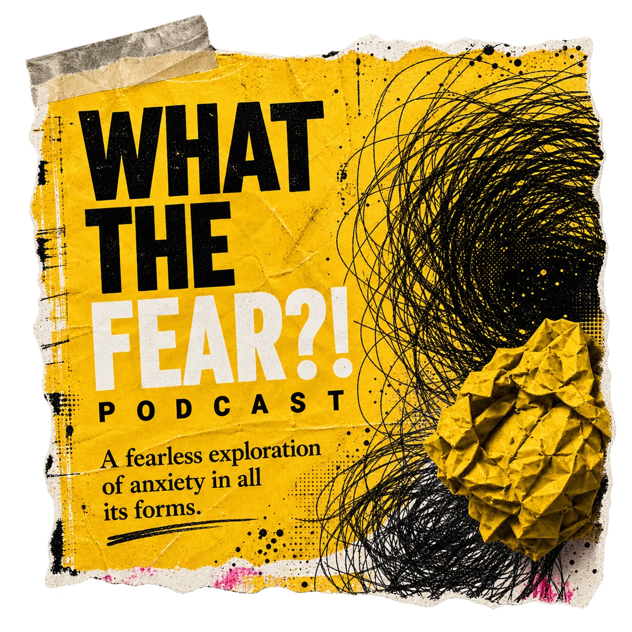 What The Fear?! podcast artwork on torn paper.