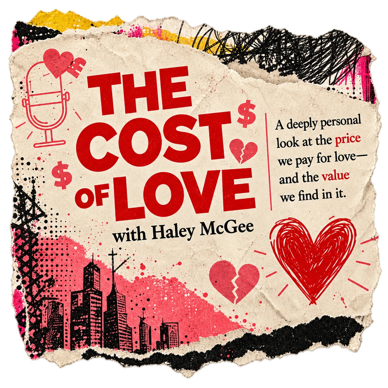 The Cost of Love podcast artwork on torn paper.